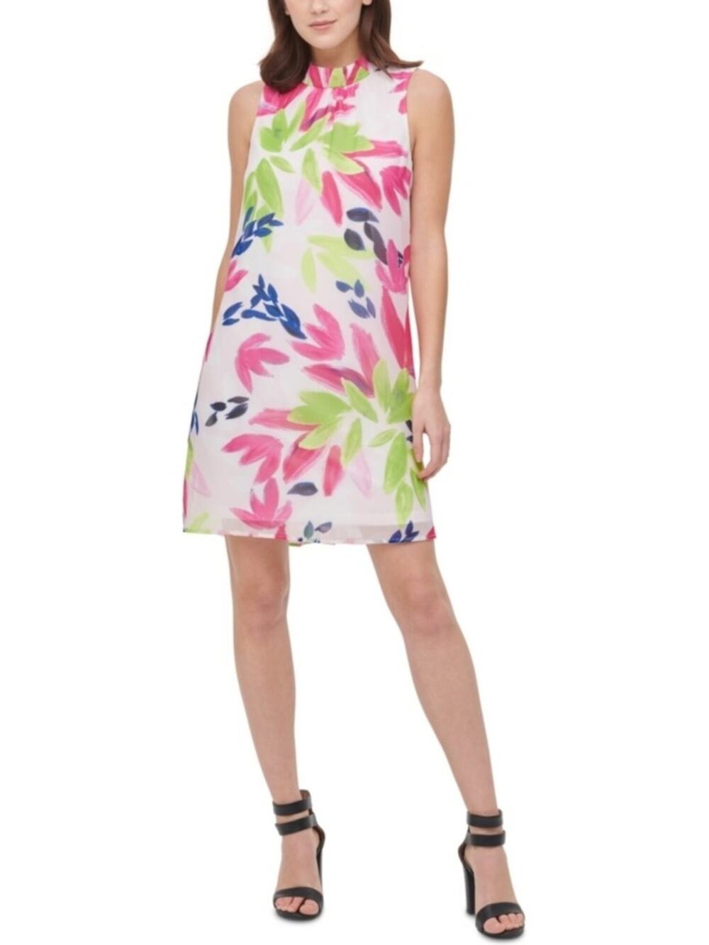 DKNY | NWT Floral Tie Back Mock Neck Pleated Sleeveless Trapeze Shift Dress